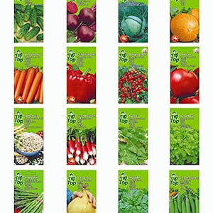 Könnte beinhalten: Eine Sammlung von 12 Samentütchen mit verschiedenen Gemüsesorten, darunter Radieschen, Karotten, Salat, Rote Bete und Spargel. Jedes Tütchen hat einen grünen Hintergrund mit dem weißen Schriftzug "Tip Top".