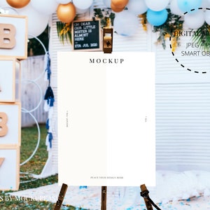 Baby Shower Holz Willkommensschild Staffelei Mockup, Gender Reveal Bauernhaus Zeichen Mockup, Einladung Mockup, Baby Willkommensschild, Boho Karte Mockup