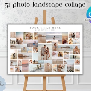May include: A white landscape collage template with 51 photo spaces, displayed on a wooden easel. The text "51 photo landscape collage" and "YOUR TITLE HERE" are visible. A "Canva Editable Template" logo is in the upper right corner.