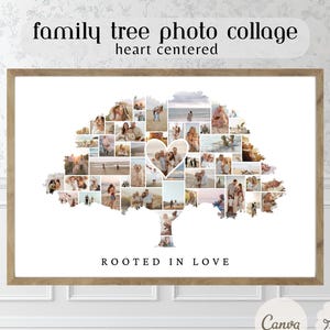 May include: A framed family tree photo collage. The collage is shaped like a tree, filled with multiple photos, and centered with a heart-shaped photo. The text "family tree photo collage" and "heart centered" are at the top. The words "ROOTED IN LOVE" are at the bottom.