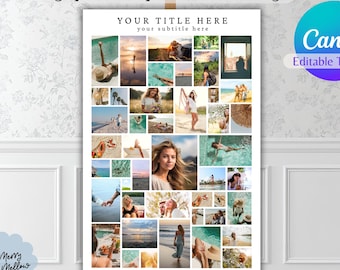 Op de afbeelding: Een fotopostercollage met 45 afbeeldingen, weergegeven op een ezel. De poster bevat een verzameling strand- en lifestylefoto's. Tekst op de poster luidt "45 photo poster collage", "YOUR TITLE HERE" en "your subtitle here". Er wordt ook een Canva bewerkbare sjabloon geadverteerd.