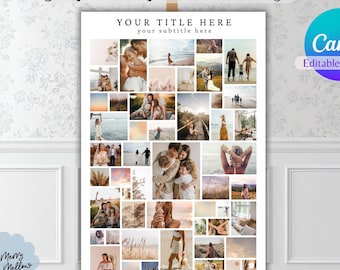 Op de afbeelding: Een fotopostercollage-sjabloon met de tekst "50 photo poster collage" en "Your title here" en "Your subtitle here". De sjabloon bevat een Canva-logo en een collage van familiefoto's. De sjabloon staat op een ezel.
