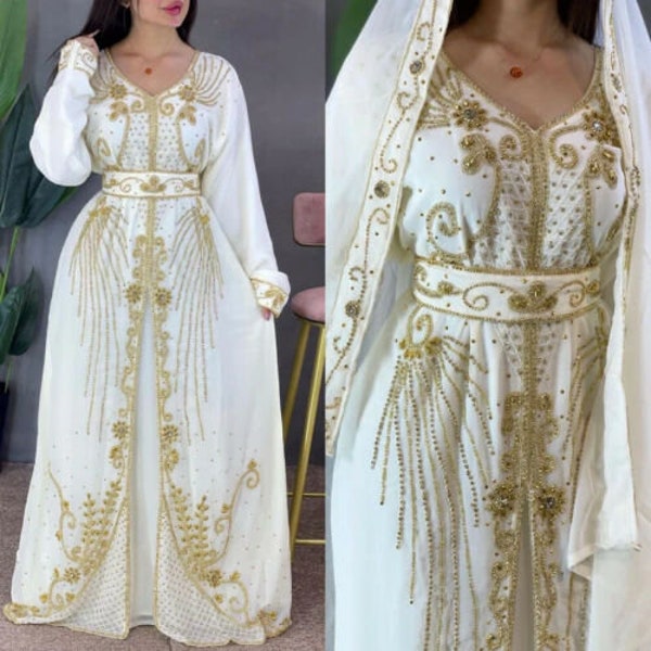 Nouveau Caftan marocain de Dubaï Farasha Abaya Demoiselle d’honneur africaine Vêtements de fête arabe Kaftan de mariage Robes Forma Inclure Foulard Robes de mariée