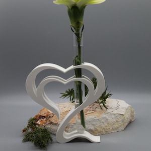 Puede incluir: Jarrón de cerámica blanca con forma de dos corazones entrelazados, que contiene un solo clavel rayado amarillo y rojo en un tubo de ensayo de vidrio.