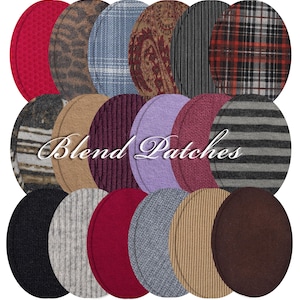 Könnte beinhalten: Eine Sammlung ovaler Stoffflicken in verschiedenen Farben und Mustern. Die Flicken umfassen unifarbene Farben wie Rot, Schwarz und Braun sowie gemusterte Stoffe wie Karos, Paisley und Streifen. Der Text "Blend Patches" wird in der Mitte angezeigt.