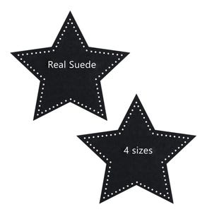 May include: Two black star-shaped cutouts with white dotted borders. The top star has the text "Real Suede" in white. The bottom star has the text "4 sizes" in white. Both stars are on a white background.