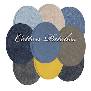 Puede incluir: Una colección de parches de tela circulares en varios colores y texturas, incluyendo mezclilla y algodón en azul claro, azul oscuro, beige, gris, amarillo mostaza y marrón. El texto Cotton Patches está centrado sobre las formas circulares superpuestas.
