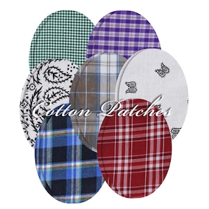 Pode incluir: Uma coleção de sete remendos de algodão de formato oval com vários padrões, incluindo xadrez verde, xadrez roxo, paisley preto e branco, xadrez azul, xadrez vermelho e branco com paisley preto. O texto Cotton Patches está centralizado.