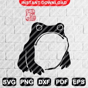 May include: Black and white silhouette of a frog with a striped pattern. The frog is facing to the right and has large, round eyes.