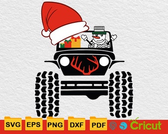 Puede incluir: Jeep negro con un muñeco de nieve conductor con gorro y bufanda, y un gorro de Papá Noel encima. El Jeep tiene neumáticos grandes y un diseño de cuerno rojo en la parte delantera. Los regalos están en la parte trasera.