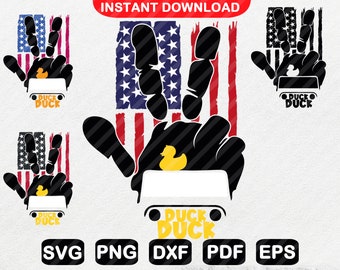May include: A graphic design featuring a hand silhouette with the American flag as a backdrop. The hand holds a white vehicle with a yellow rubber ducky and the words "Duck Duck". Includes file formats: SVG, PNG, DXF, PDF, and EPS.