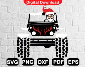 Puede incluir: Gráfico de un Jeep negro con Papá Noel con gafas de sol y un gorro rojo. El Jeep tiene cuernos rojos y nieve en los neumáticos y en la parte superior. Las palabras "Descarga digital" están en la parte superior. Los formatos de archivo incluyen SVG, PNG, DXF, PDF y EPS.
