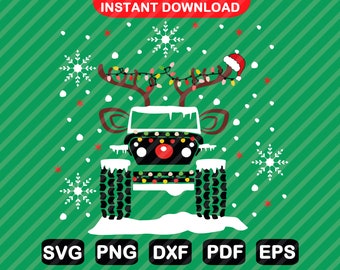 Puede incluir: Un Jeep negro decorado como un reno para Navidad. El Jeep tiene una nariz roja, un gorro de Papá Noel y luces de Navidad enguirlandadas a su alrededor. El Jeep conduce a través de un paisaje nevado con copos de nieve que caen.
