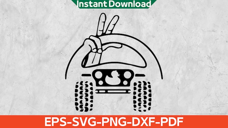 May include: Black and white line art illustration of a vehicle with a hand making a peace sign gesture from the driver's seat. The vehicle has a rubber ducky on the front grill.