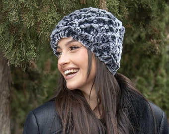 Women's Rex Rabbit Fur Beanie in Gray – Warm and Stylish Winter Accessory