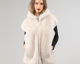 Beige Reversible Sheepskin Vest with Hood for Effortless Elegance