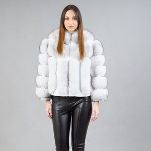 White Fox Fur Jacket Womens With Leather Detail Stripes Warm For Winter