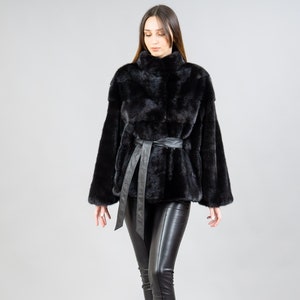Real Mink Fur Jacket With Leather Belt In Black Color