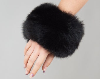Puños lujosos de piel auténtica de zorro negro: calidez elegante y ajuste universal