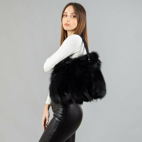 Real Fox Fur Handbag Black Shoulder Bag Women Fluffy Tote Purse