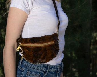 Golden Brown Mink Fur Crossbody Bag with Elegant Gold Zipper