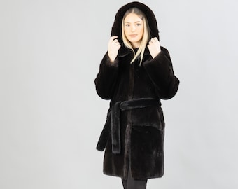 Black Hooded Mink Fur Coat With A Belt Womens Winter Coats Warm