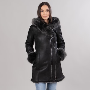 Genuine Black Sheepskin Leather Coat with Wool Hood
