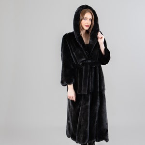 Long mink fur coat with a hood in black color