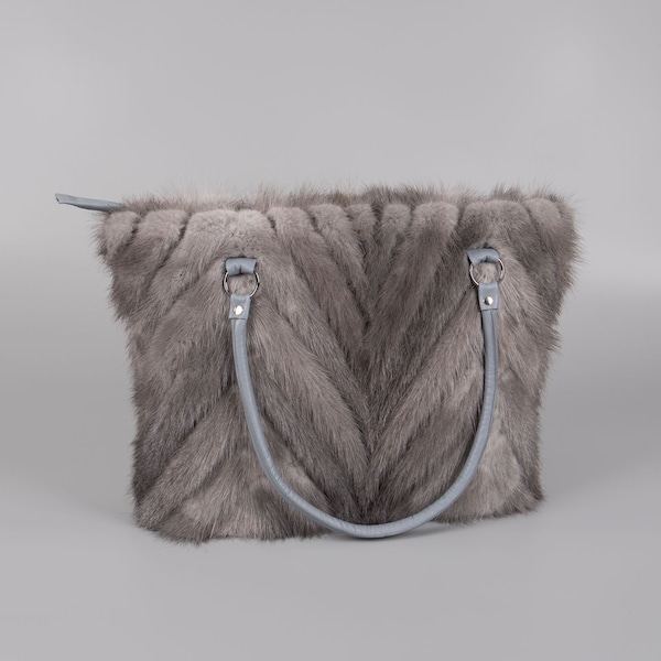 Real Mink Fur Gray Tote Purse Fur Tote Bag A Luxury Handbag And Gray Tote Bag