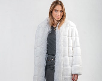 フォックスカラー付きホワイトラビットファー！新品本物の天然本毛皮