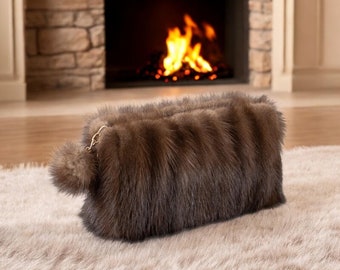Luxurious Adjustable-Strap Crossbody Bag in Brown Mink Fur with Removable Gold-Tone Hardware