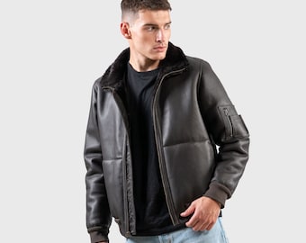 Black Sheepskin Reversible Bomber Jacket: Men&#39;s Suede Fur Coat