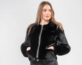 Veste courte en fourrure de vison véritable de couleur noire
