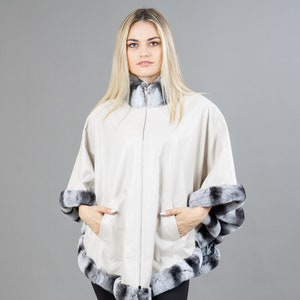 White Reversible Leather Cape Coat With Real Rex Rabbit Fur
