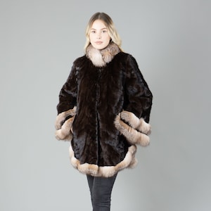 Brown Mink Fur Coat With Real Fox Fur Details