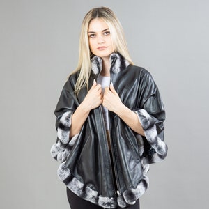 Black Reversible Leather Cape Coat With Real Rex Rabbit Fur