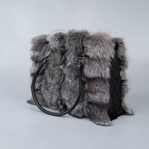 Silver Fox Fur Handbag With Rabbit Fur Details