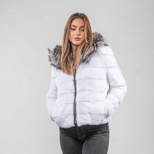 White Reversible Mink Fur Hooded Jacket