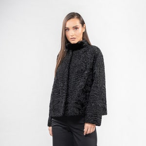Black Astrakhan fur jacket with mink fur details