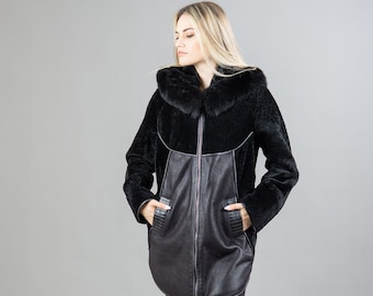 Black Sheepskin Hooded Fur Coat With Leather Details