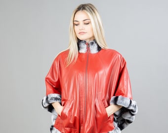 Red Reversible Leather Cape Coat With Real Rex Rabbit Fur