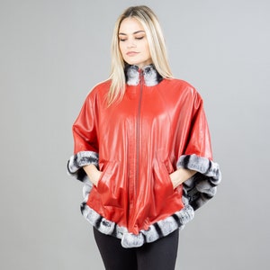Red Reversible Leather Cape Coat With Real Rex Rabbit Fur