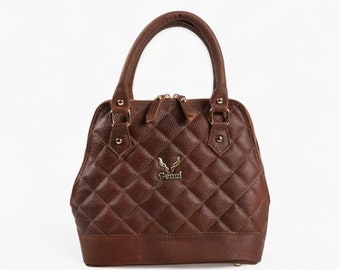 Real Leather Quilted Handbag in Brown Color