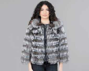 Hooded fox fur jacket in silver color