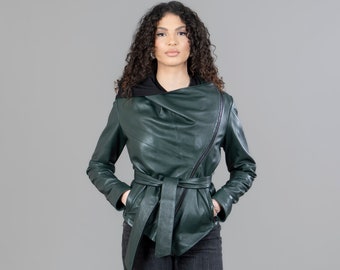 Green Leather Jacket With A Belt And A Hood