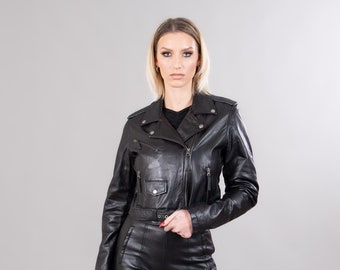 Short leather jacket in black color