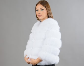 White Fox Fur Jacket With Leather Details