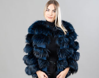 Fox fur jacket with leather details in blue color