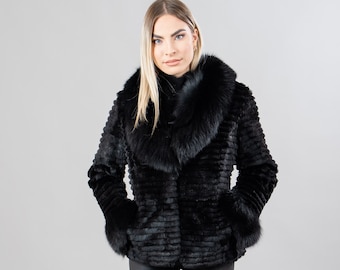 Rabbit fur jacket with fox fur details in black color