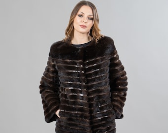Echt Nerz Pelz Jacke Mit Leder Details In Brauner Farbe